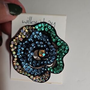 Blue and Green Flower Brooch with Shimmering Crystals